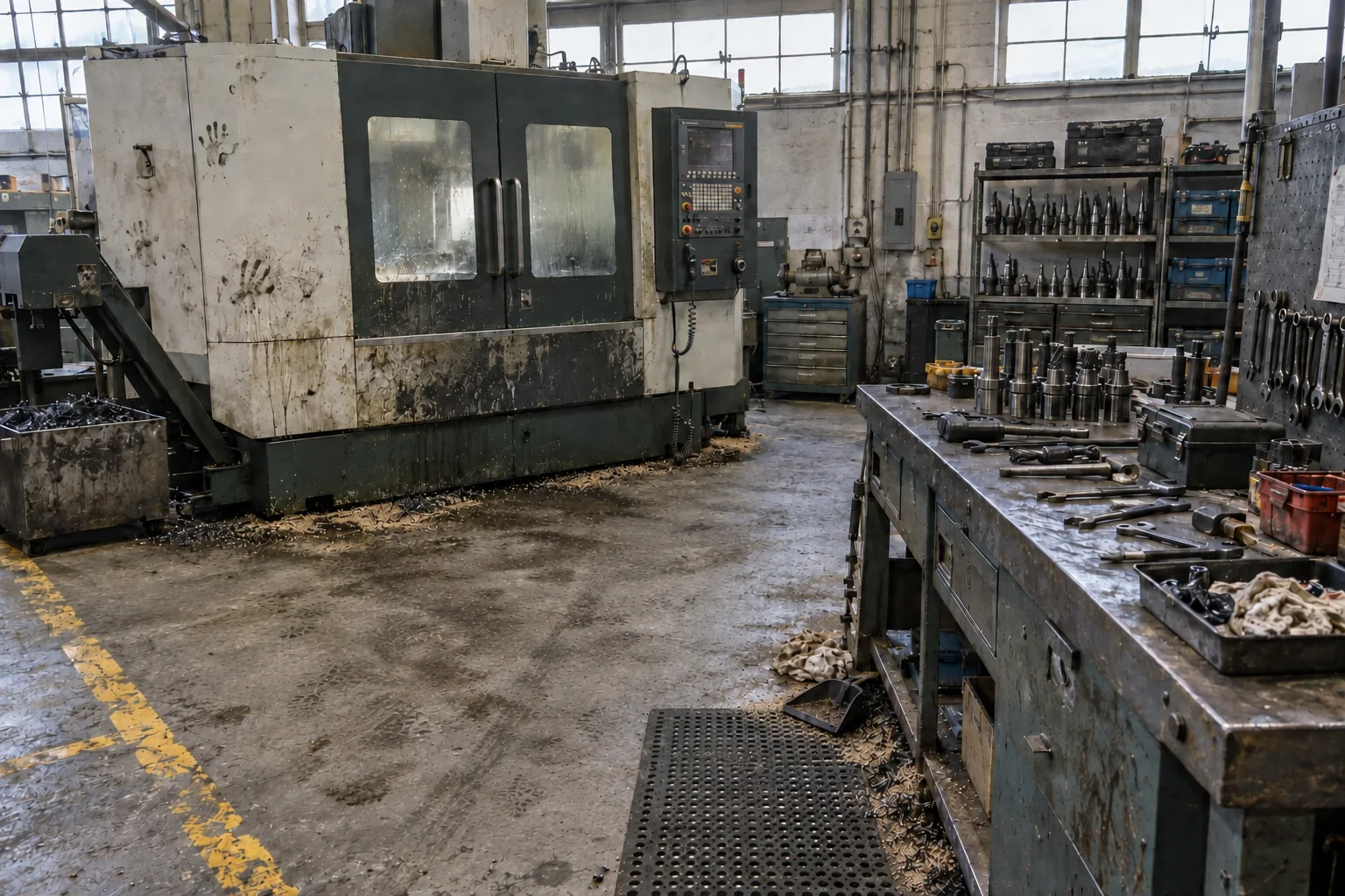Generated illustration: A tool room ready for the next job, starting condition