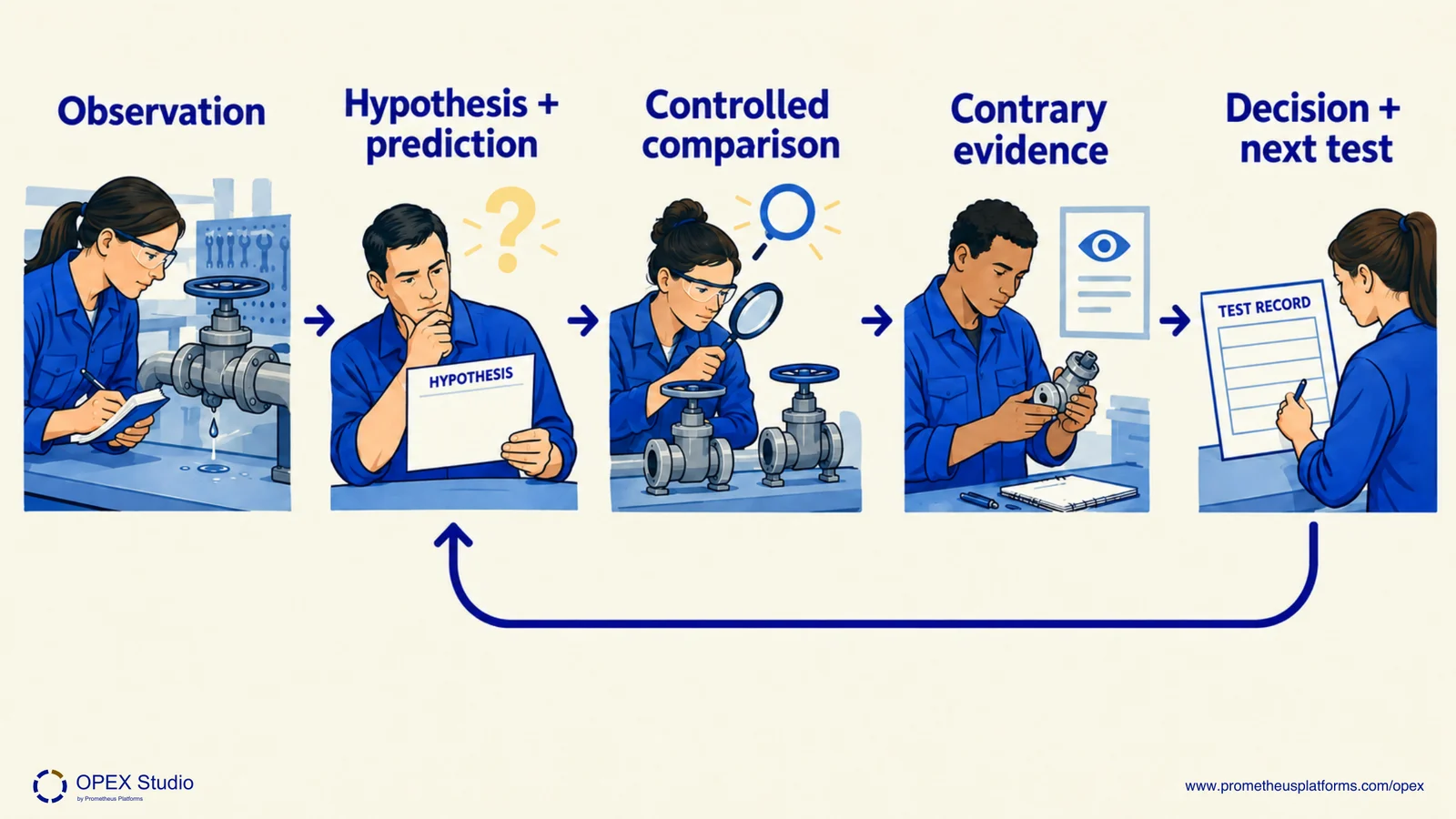A valve-leak observation leads to a hypothesis, planned comparison, contrary evidence and a blank test-decision record.