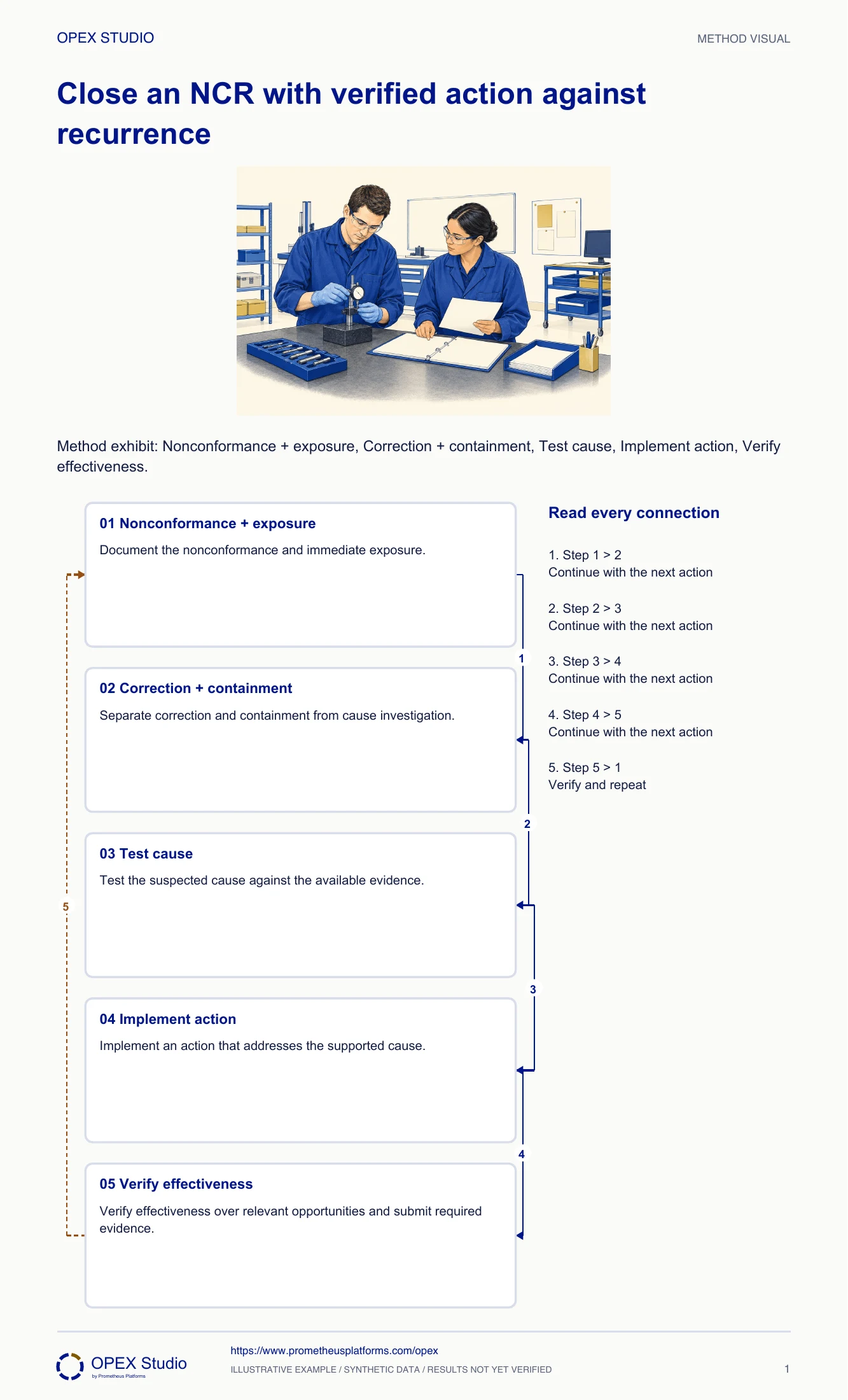 Method exhibit: Nonconformance + exposure, Correction + containment, Test cause, Implement action, Verify effectiveness.