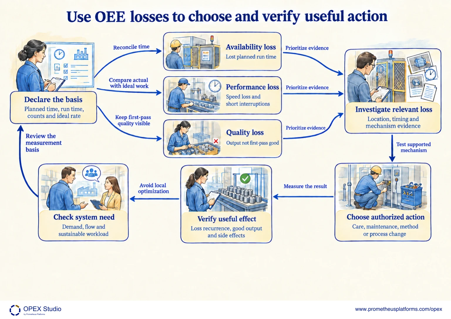Relate the three OEE factors to loss evidence, targeted work and useful system outcomes. The labelled map shows Declare the basis, Availability loss, Performance loss, Quality loss, Investigate relevant loss, Choose authorized action, Verify useful effect, Check system need.