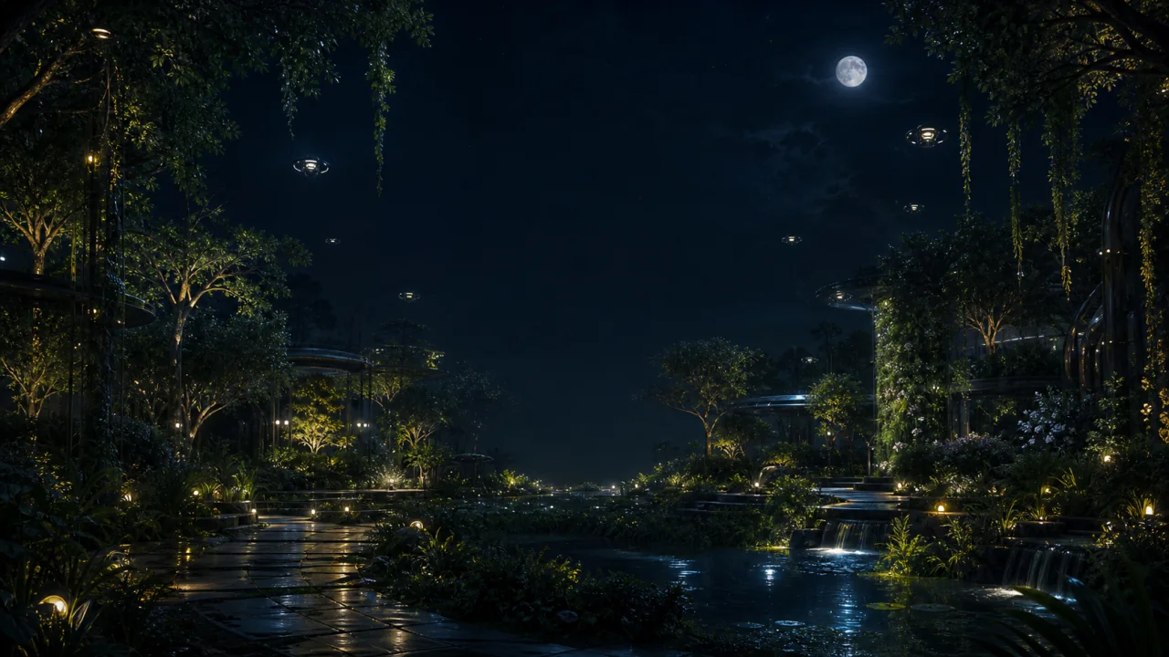 A balanced garden future where nature and distributed technology coexist