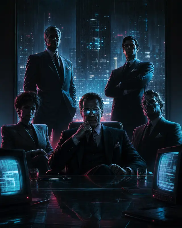 OmniDyne Board in a neon executive room