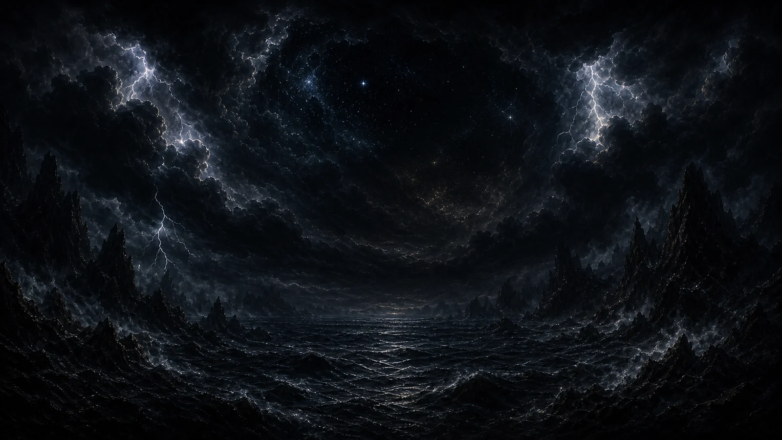 Chaos before form with storm, sea, and stars