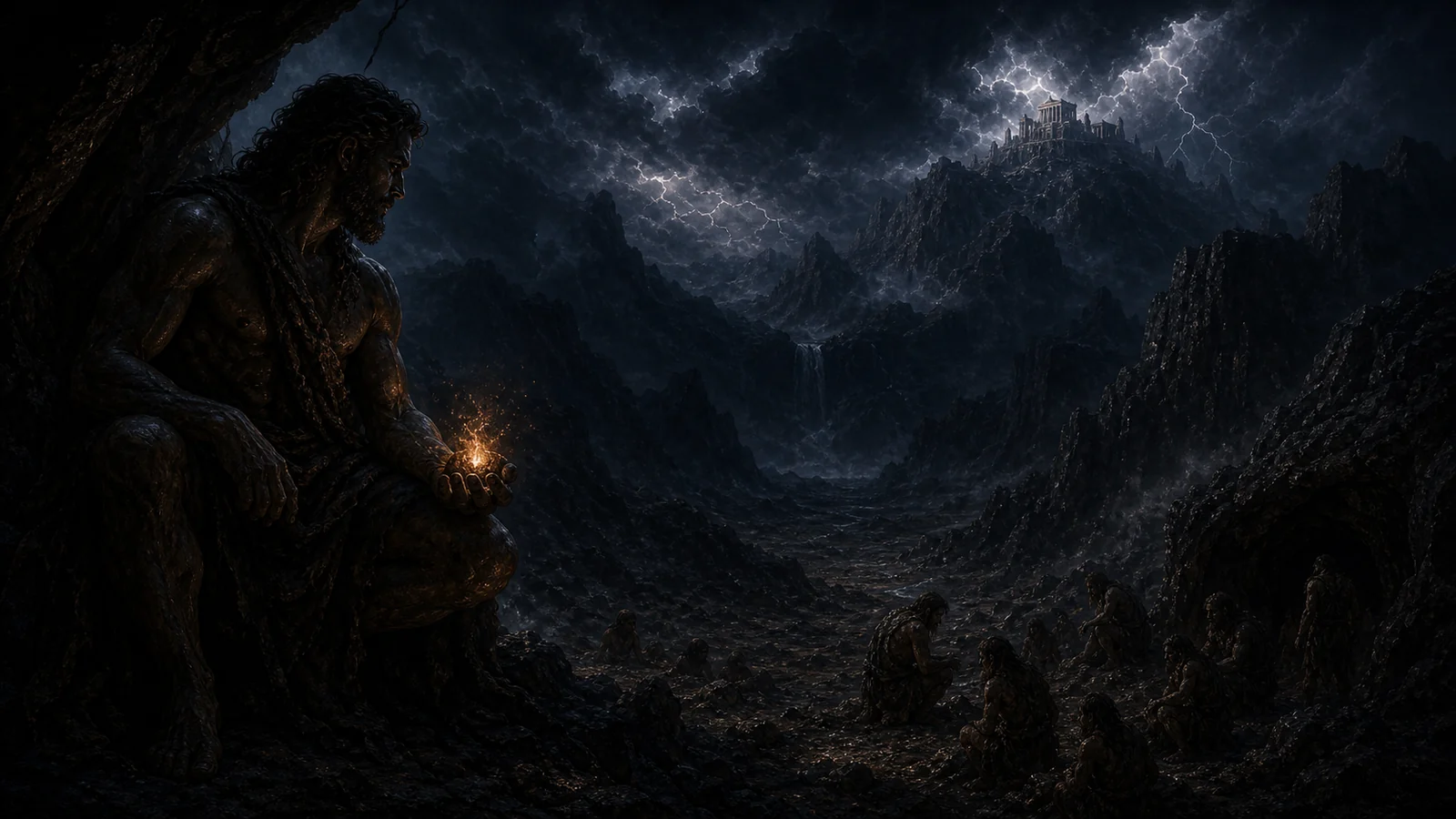 Prometheus watching humans in darkness