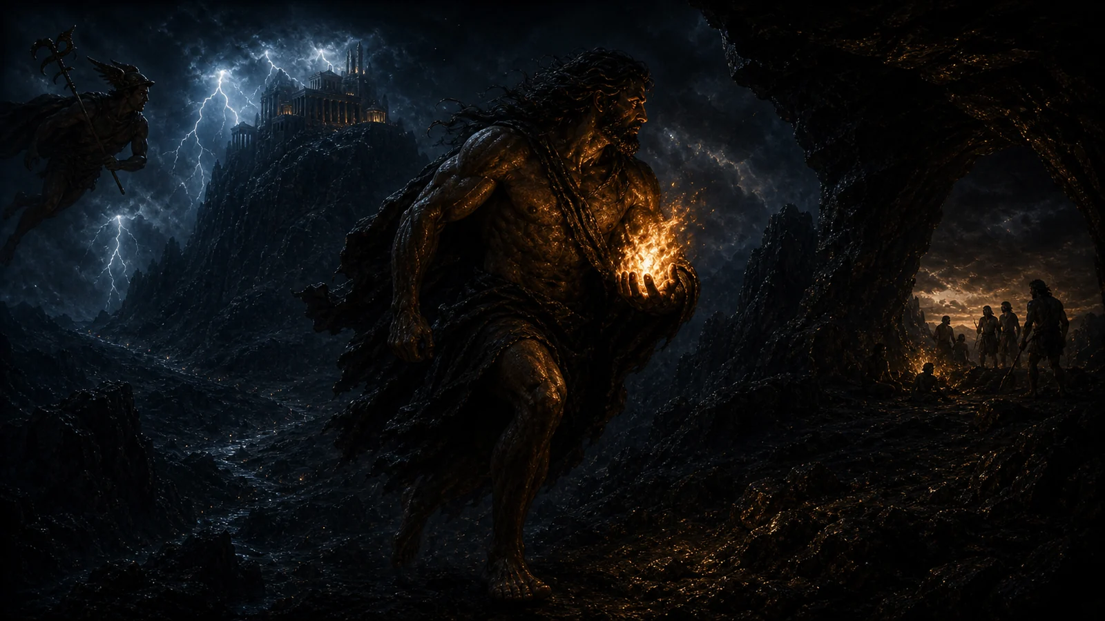 Prometheus carrying divine fire through Olympus