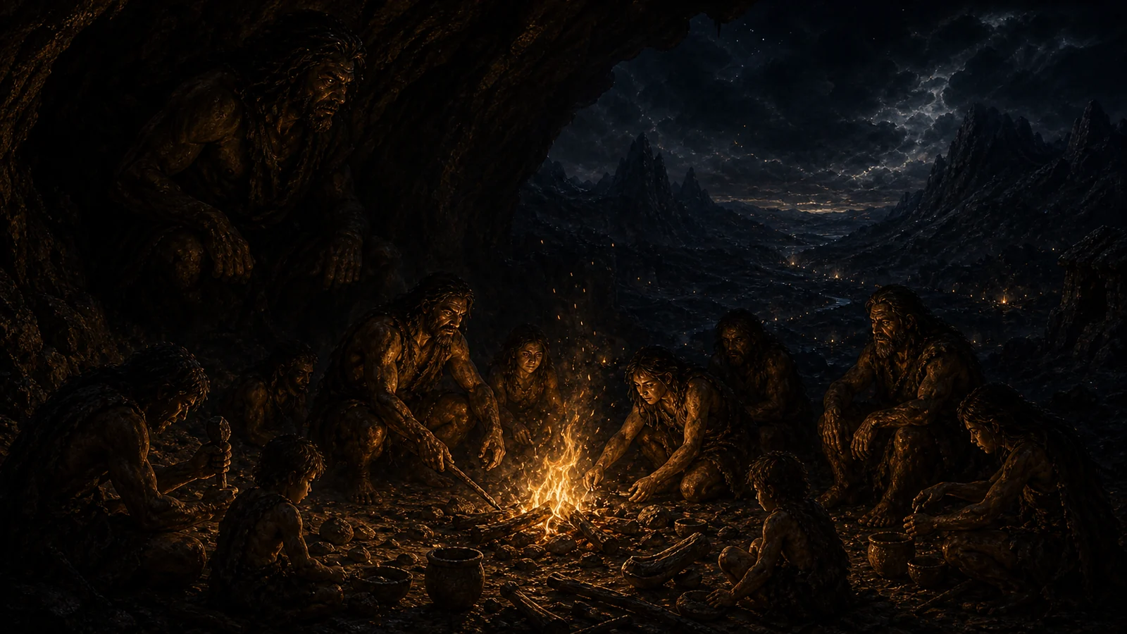 Humans gathered around the first flame