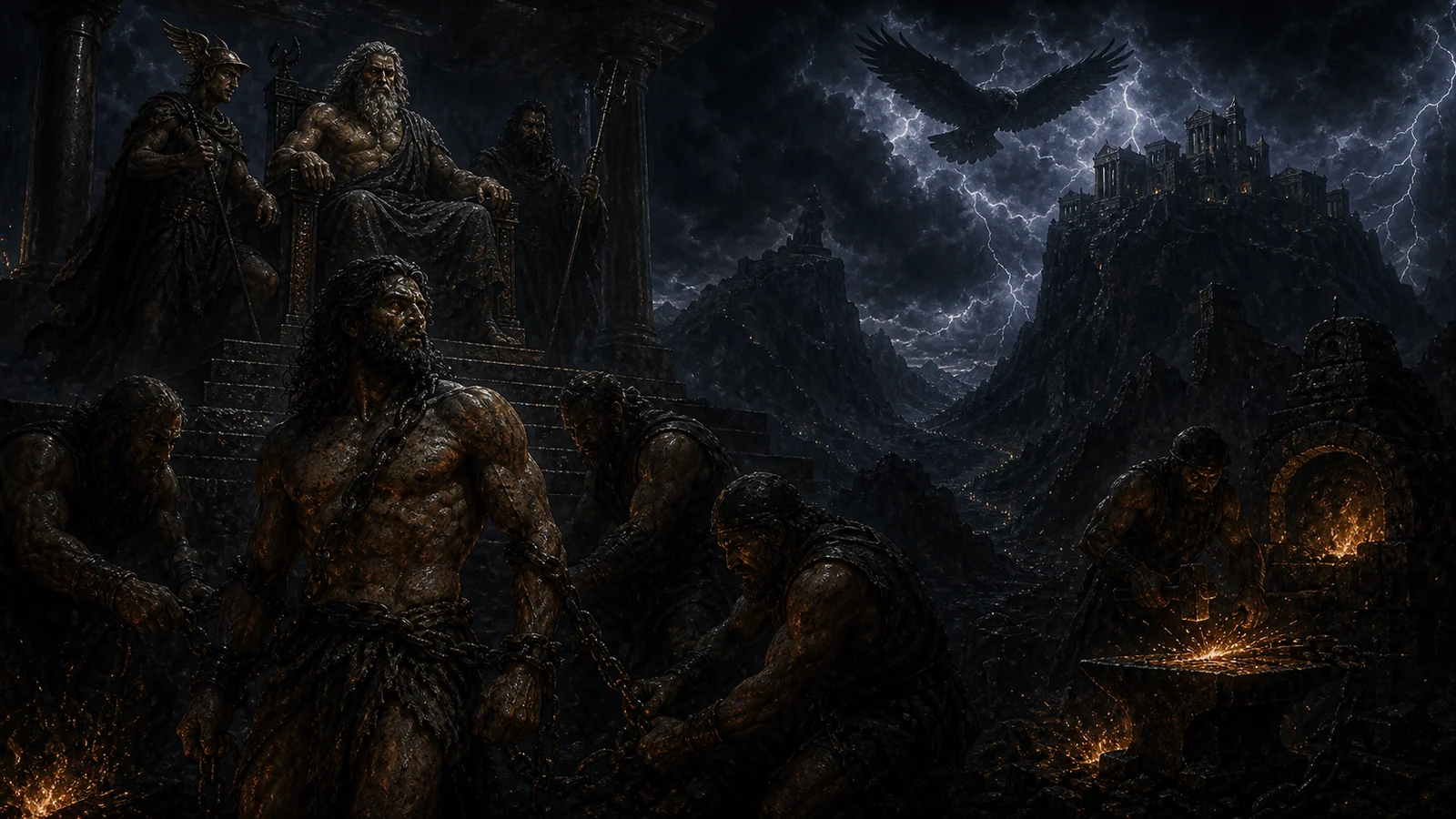 Prometheus sentenced and bound in chains