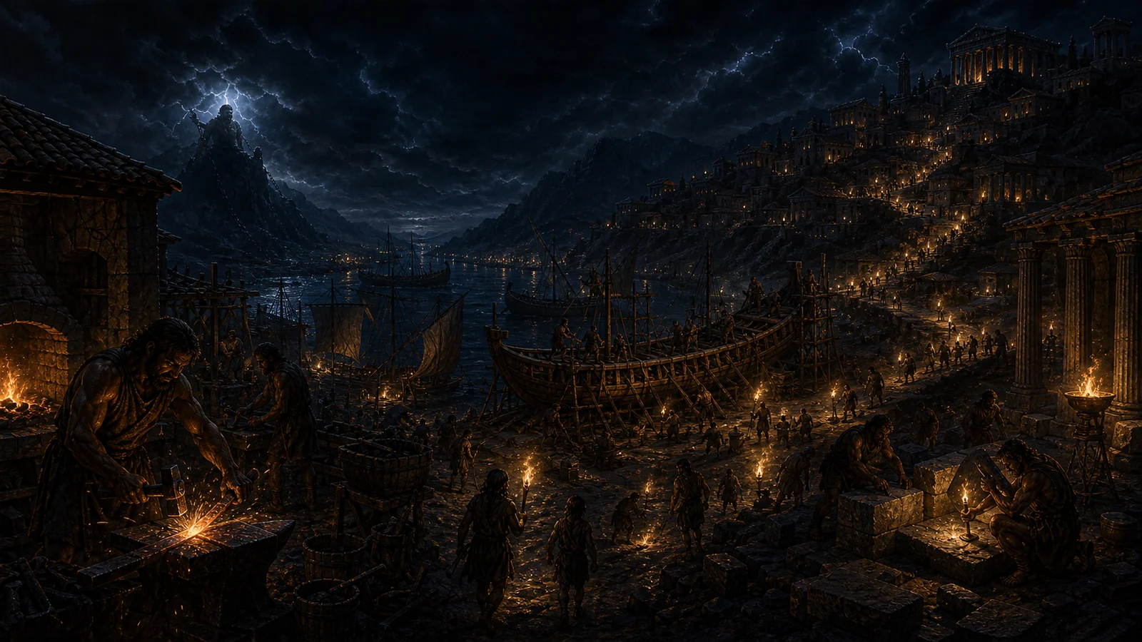 Human civilization advancing around fire