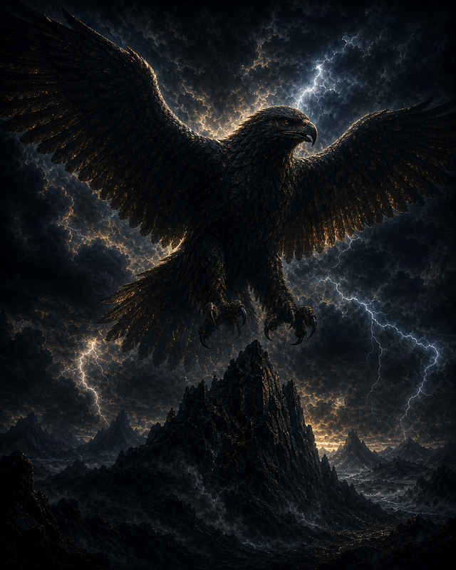 Divine eagle silhouette over storm clouds