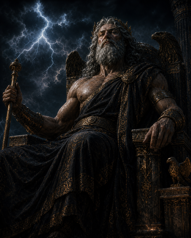 Zeus in storm silhouette with lightning
