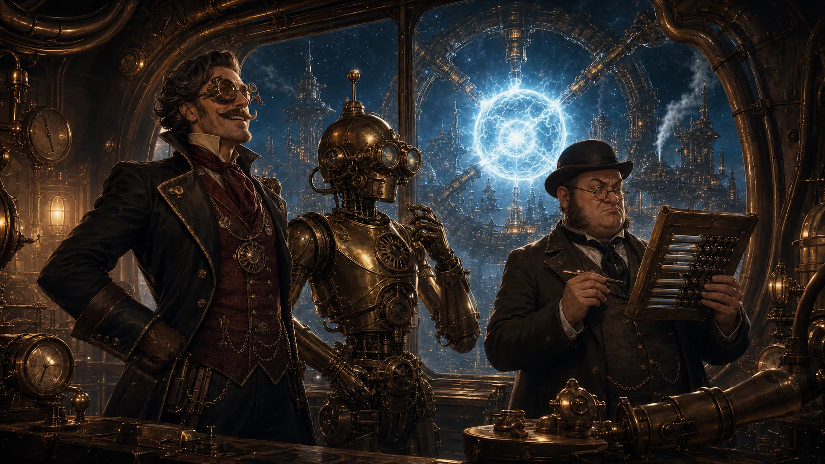 Professor Prometheus and crew preparing the brass expedition