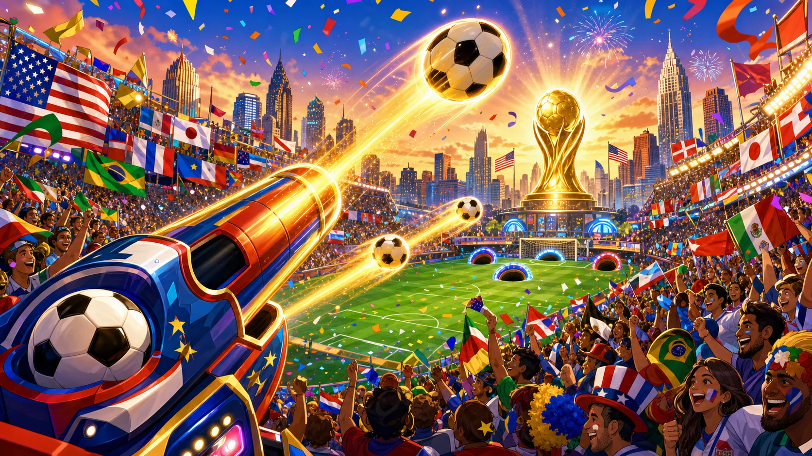 Joyful global football festival stadium art